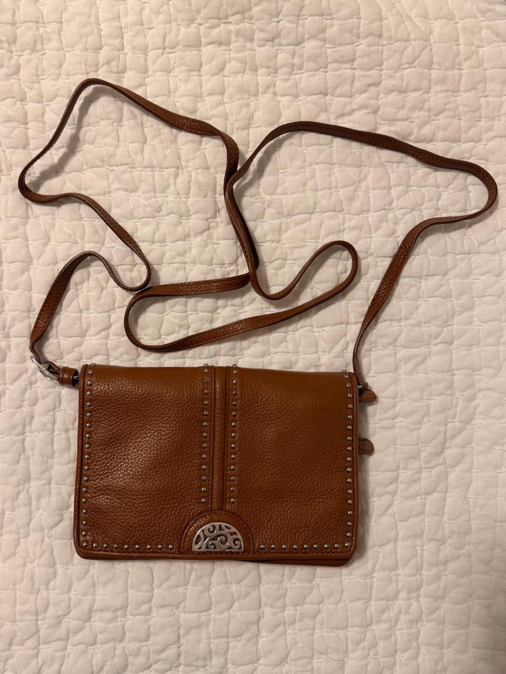 Brighton Brown Pebbled Leather Crossbody with Stud Trim